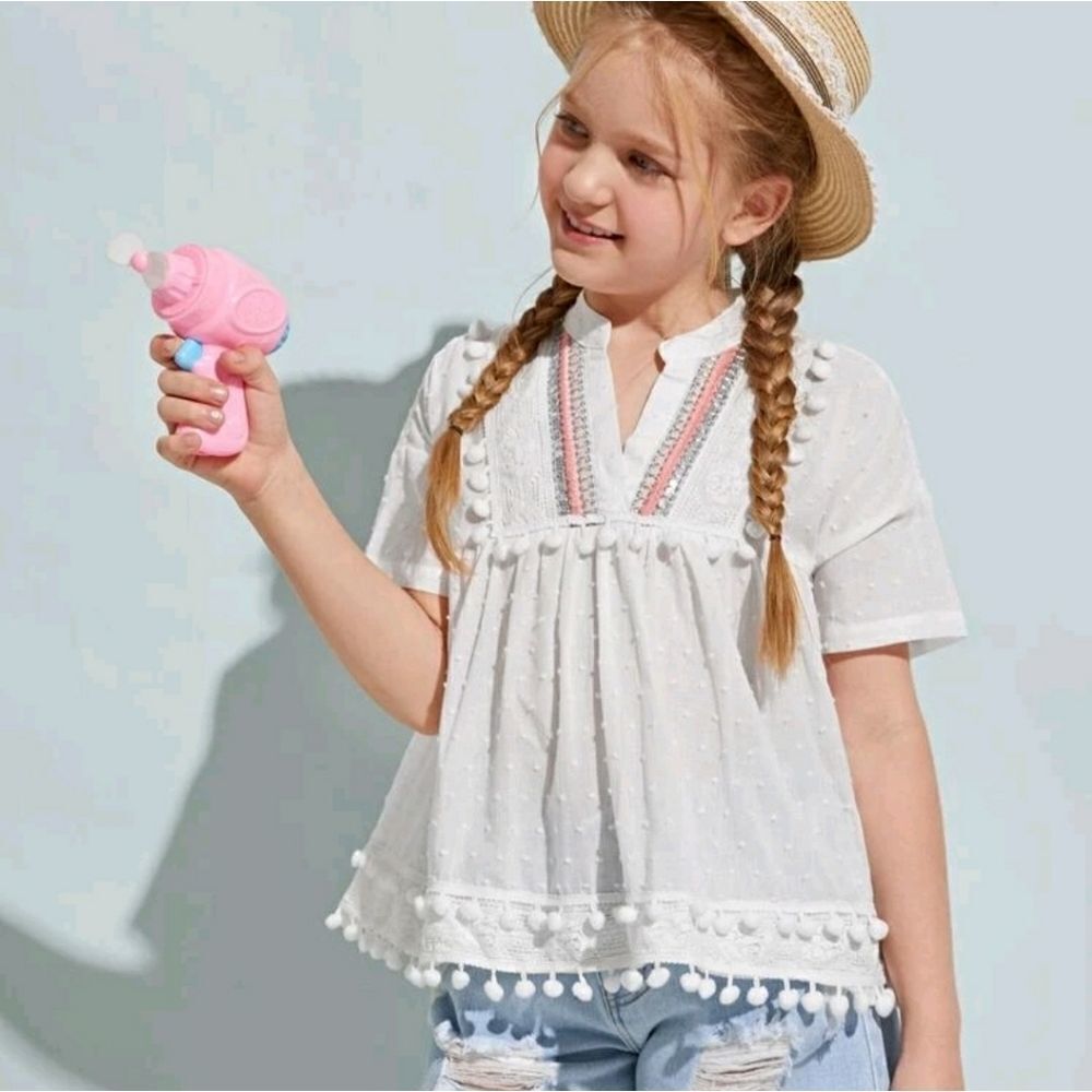 Girls Pom Pom Detail Swiss Dot Top
